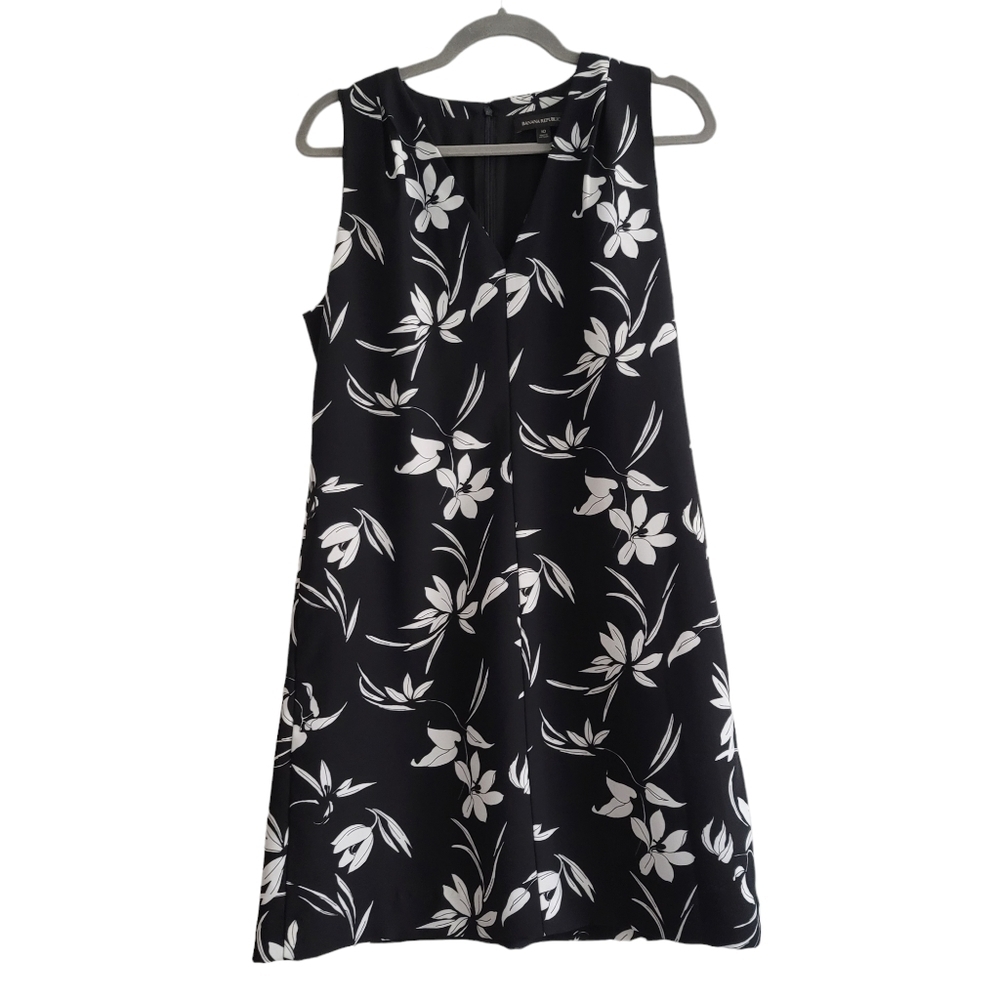 Banana Republic Women 10 Black Floral V-Neck Sleeveless Shift Dress